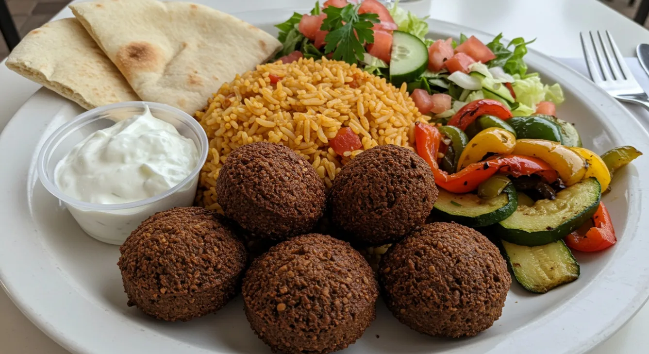 Falafel with Rice Pilaf and Grilled Veggies