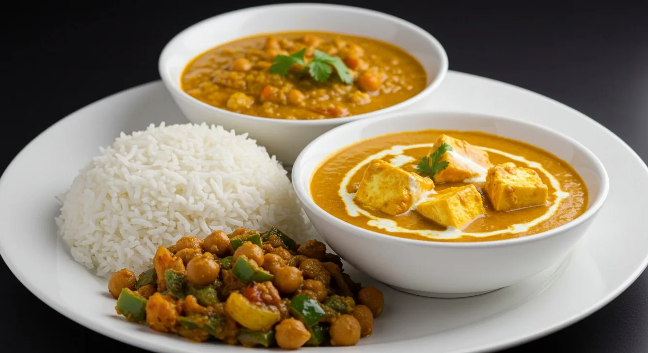 Paneer Makhani and Chana Masala with Rice and Vegetables