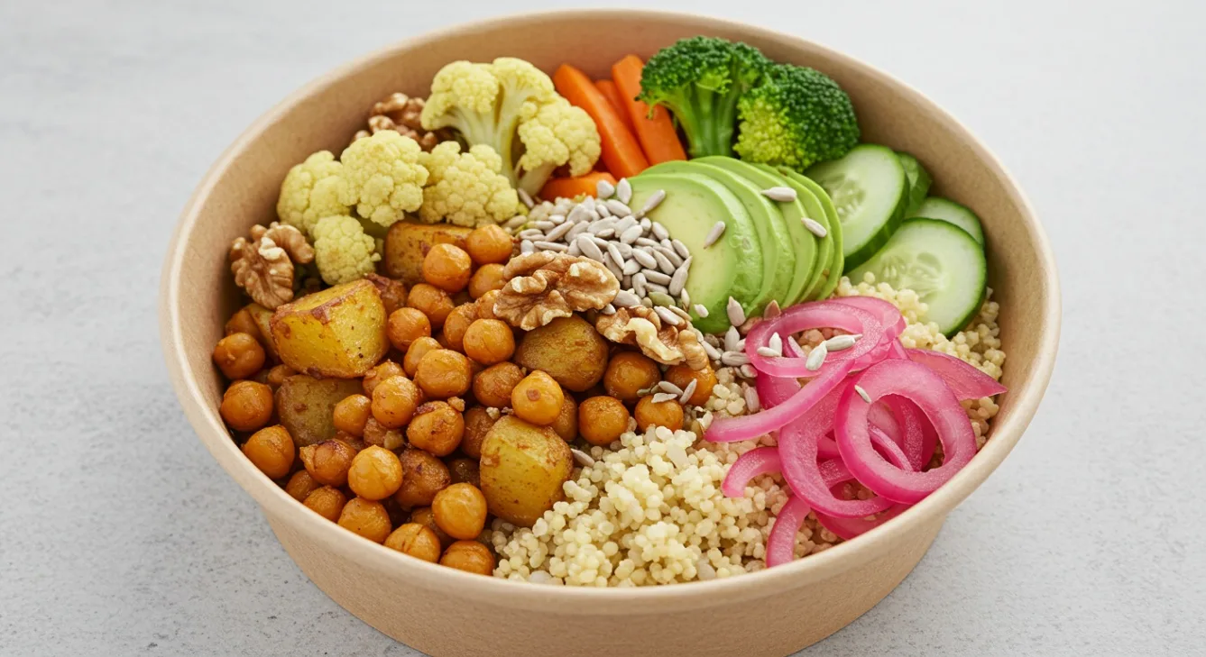 Chickpea Potato Hearty Bowl with Avocado and Walnuts and Smoky Chipotle Sauce