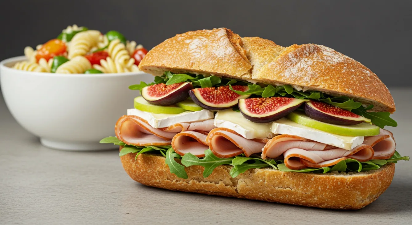 Turkey and Brie Sandwich on Sourdough with pasta salad