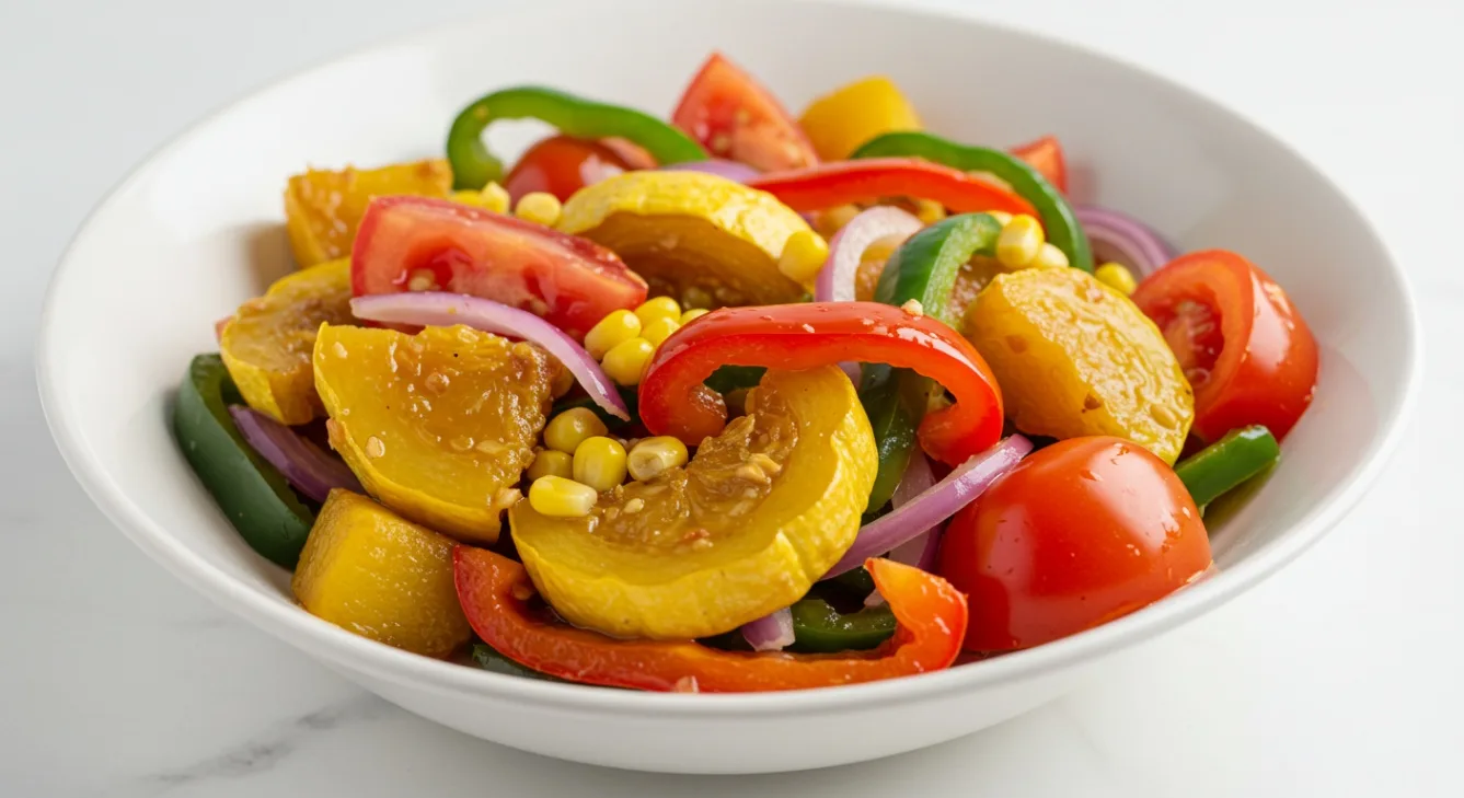 Rajas with Squash, Corn, Onions and Tomatoes