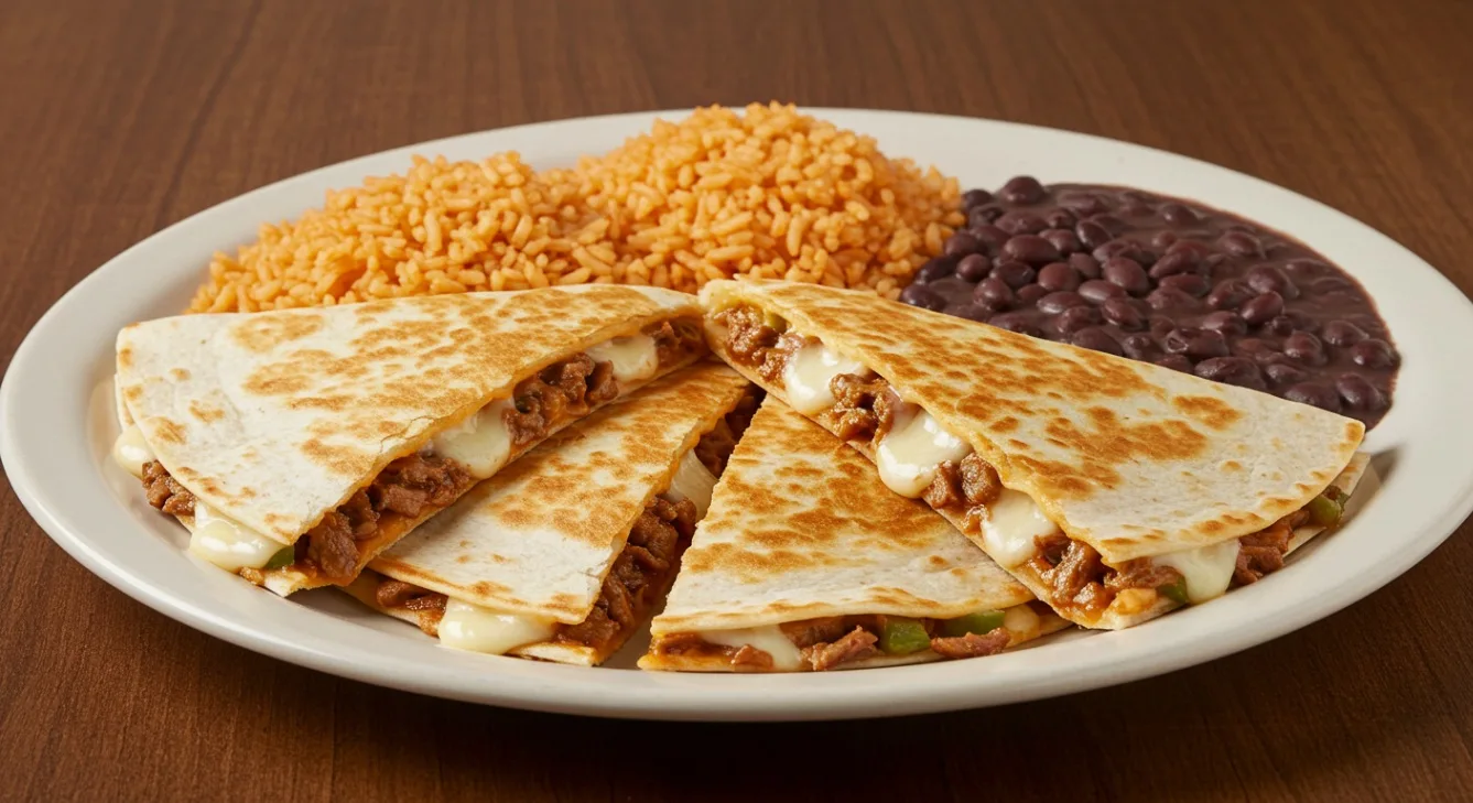 Boxed Pastor Quesadilla With Rice and Beans