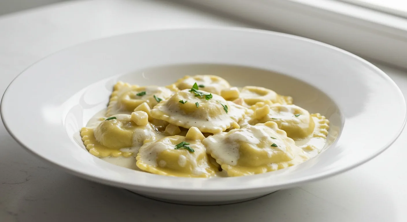 Three Cheese Ravioli with Garlic Alfredo Sauce with Side Salad