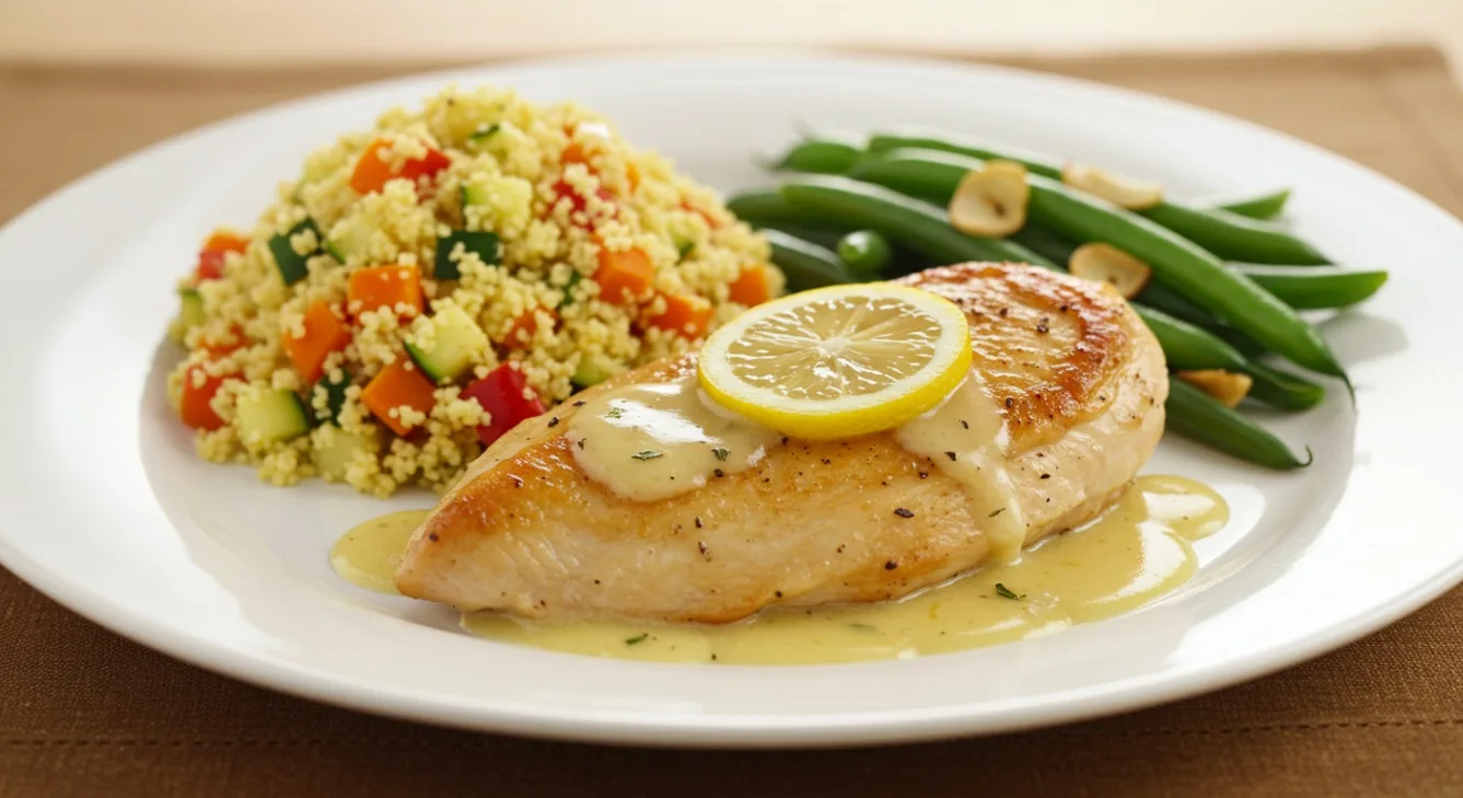 Chicken Francaise with Vegetable Couscous and Garlicky Green Beans