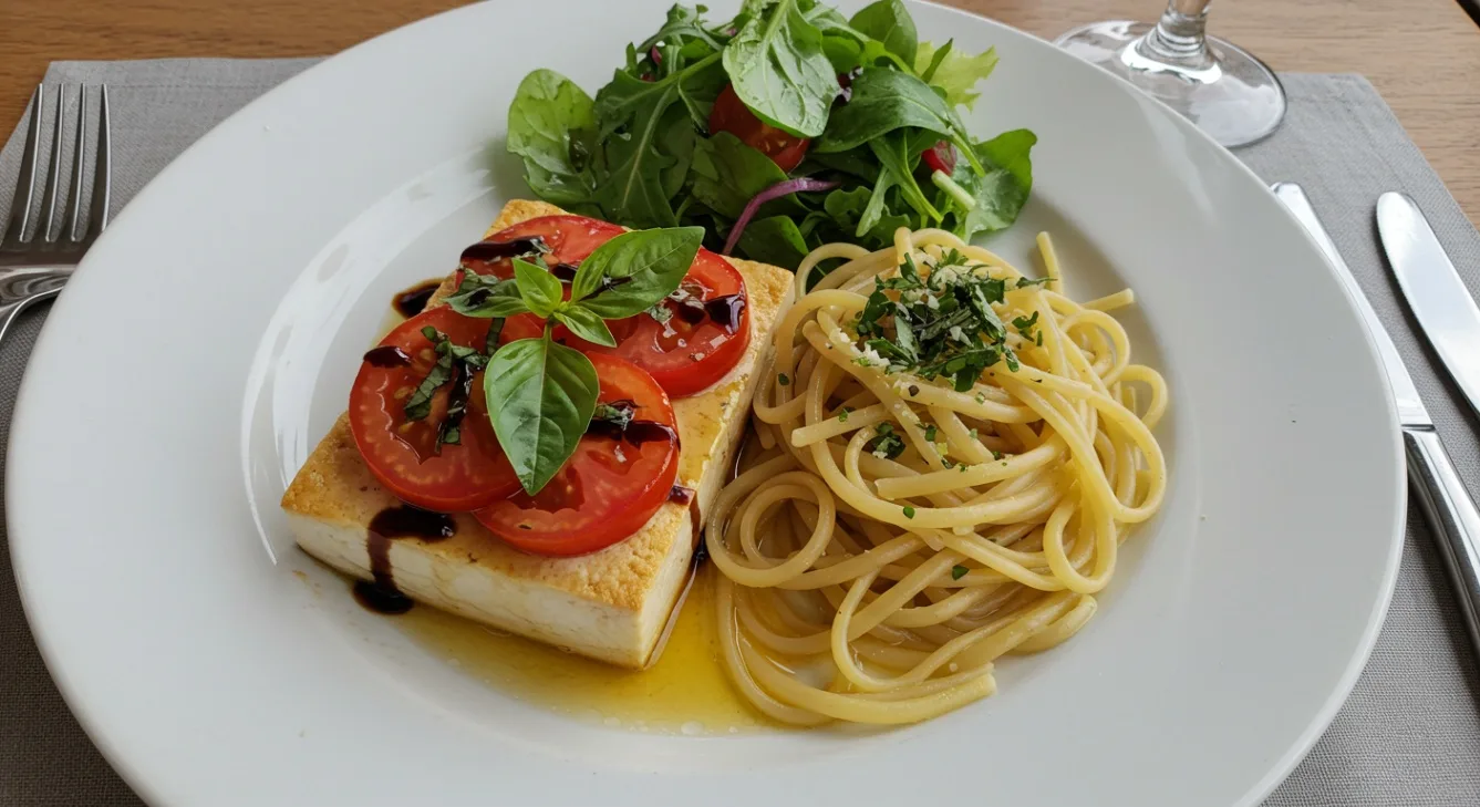 Vegan Caprese Tofu with White Wine Linguine and Garden Salad