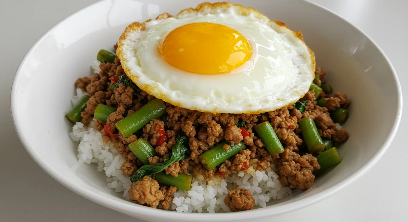 Spicy Basil Minced Pork with Rice and Fried Egg