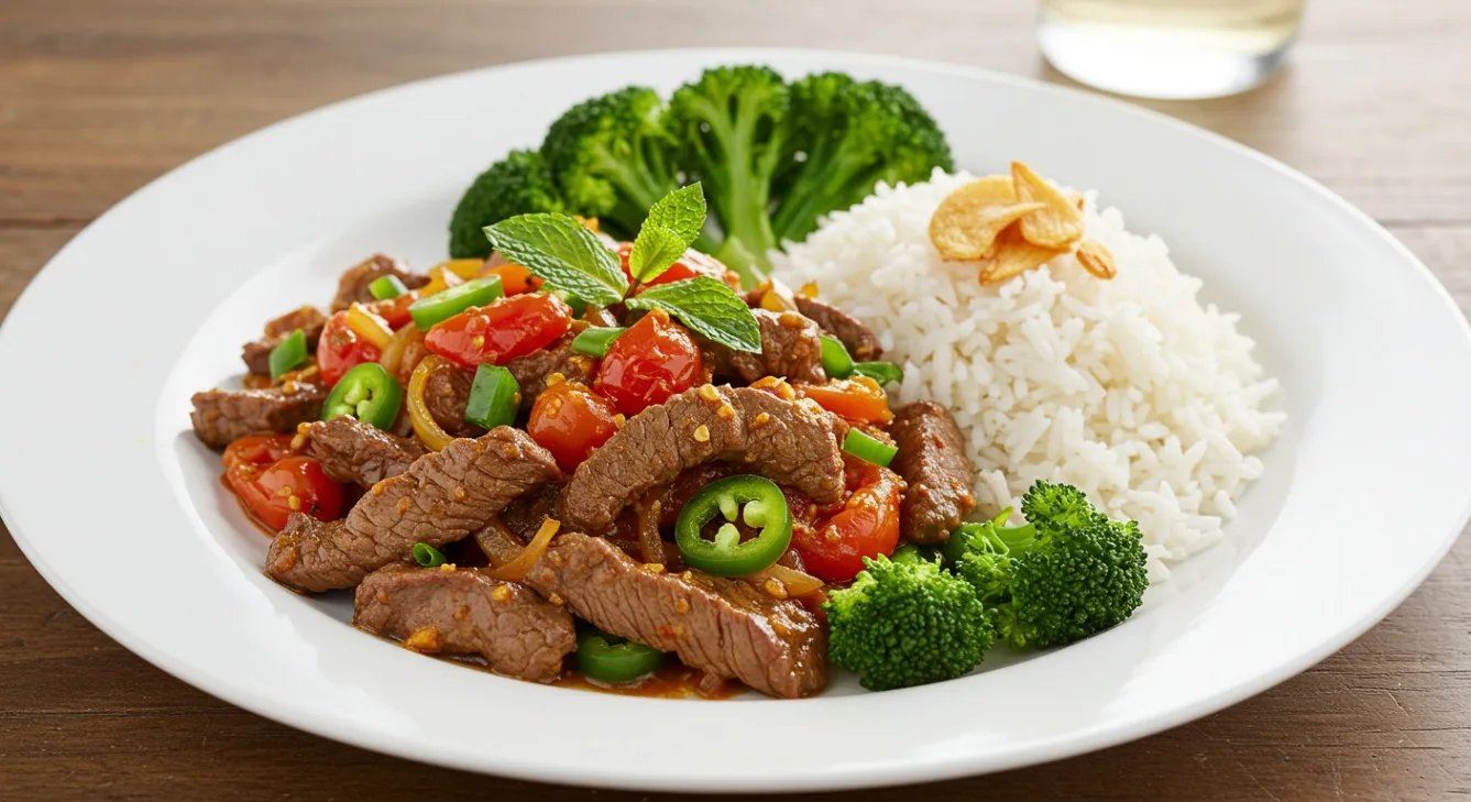 Beef Kebat with Coconut Rice and Garlic Broccoli