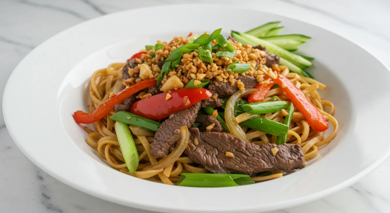 Black Pepper Beef with Garlic Noodles and Garlic Broccoli