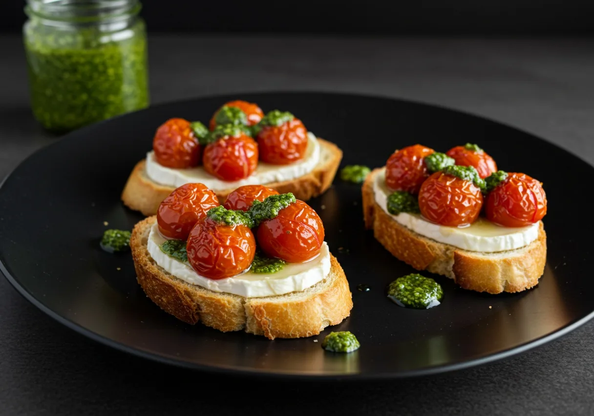 Honey Goat Cheese Crostini with Roasted Tomatoes and Pesto Drizzle