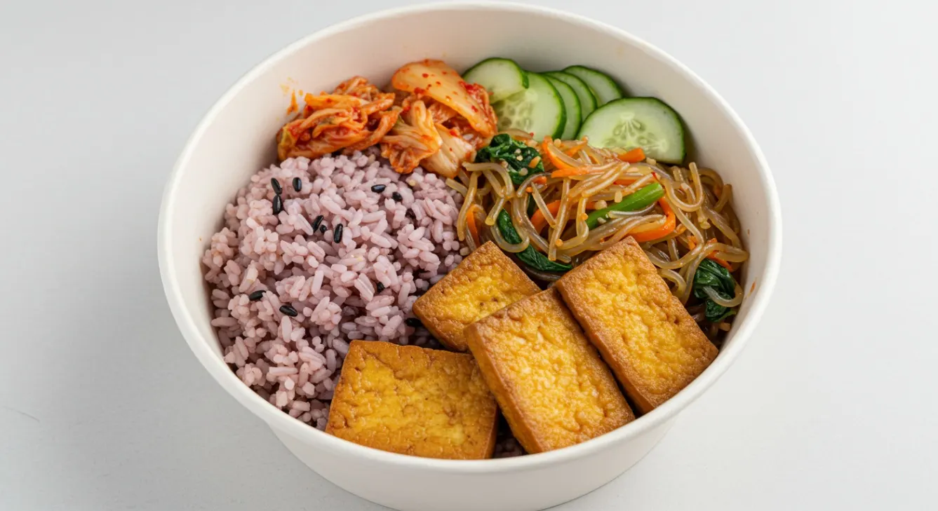 Korean Seasoned Tofu with Purple Rice and Japchae