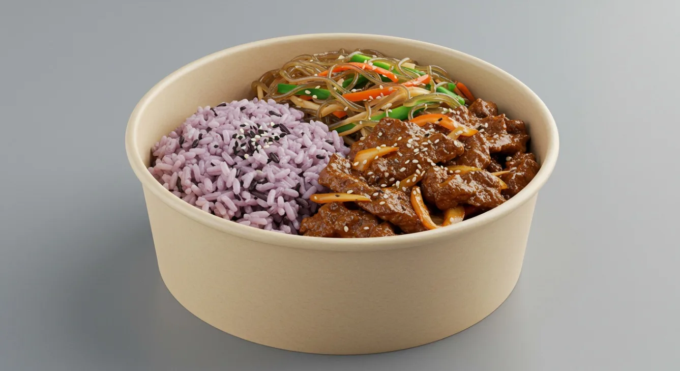Korean Grilled Chicken with Purple Rice and Japchae (No Kimchi)