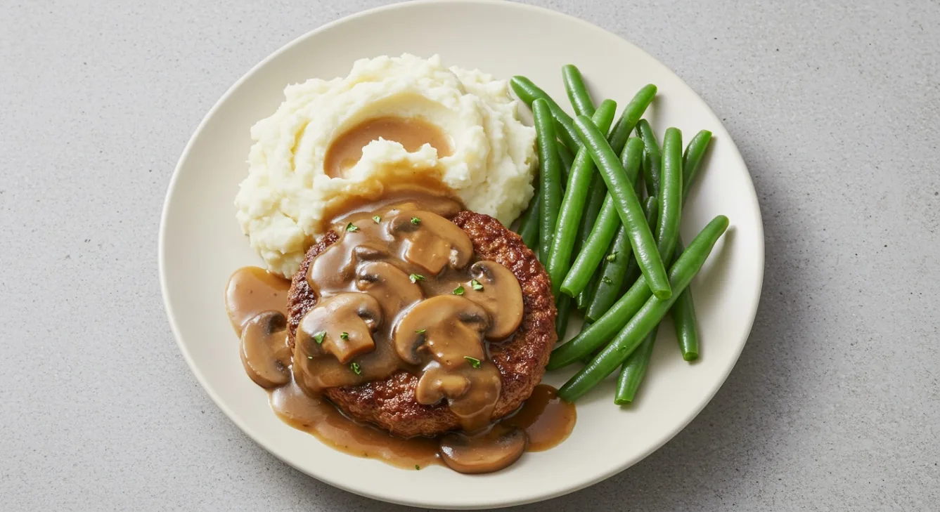 Salisbury Impossible Steak Patty with Vegan Mashed Potatoes and Green Beans