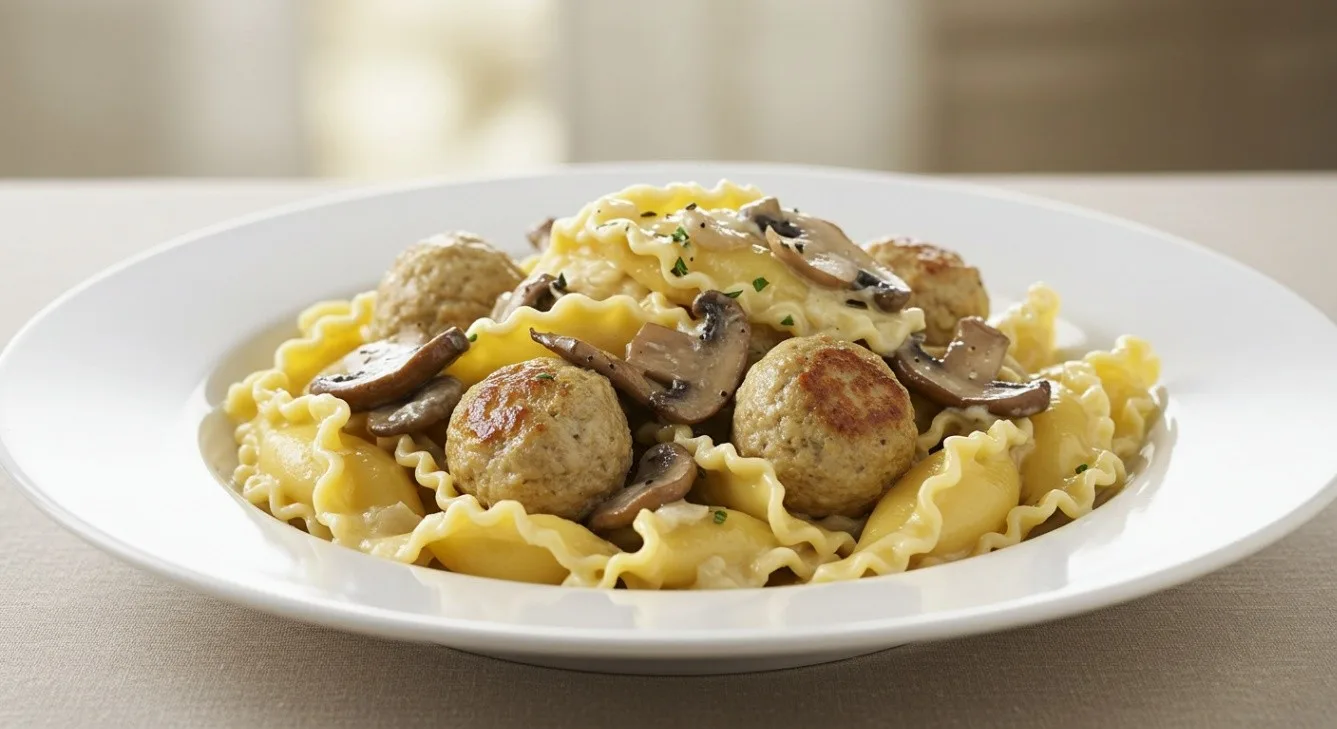 Mushroom and White Truffle Oil with Radiatori Pasta and Chicken Meatball