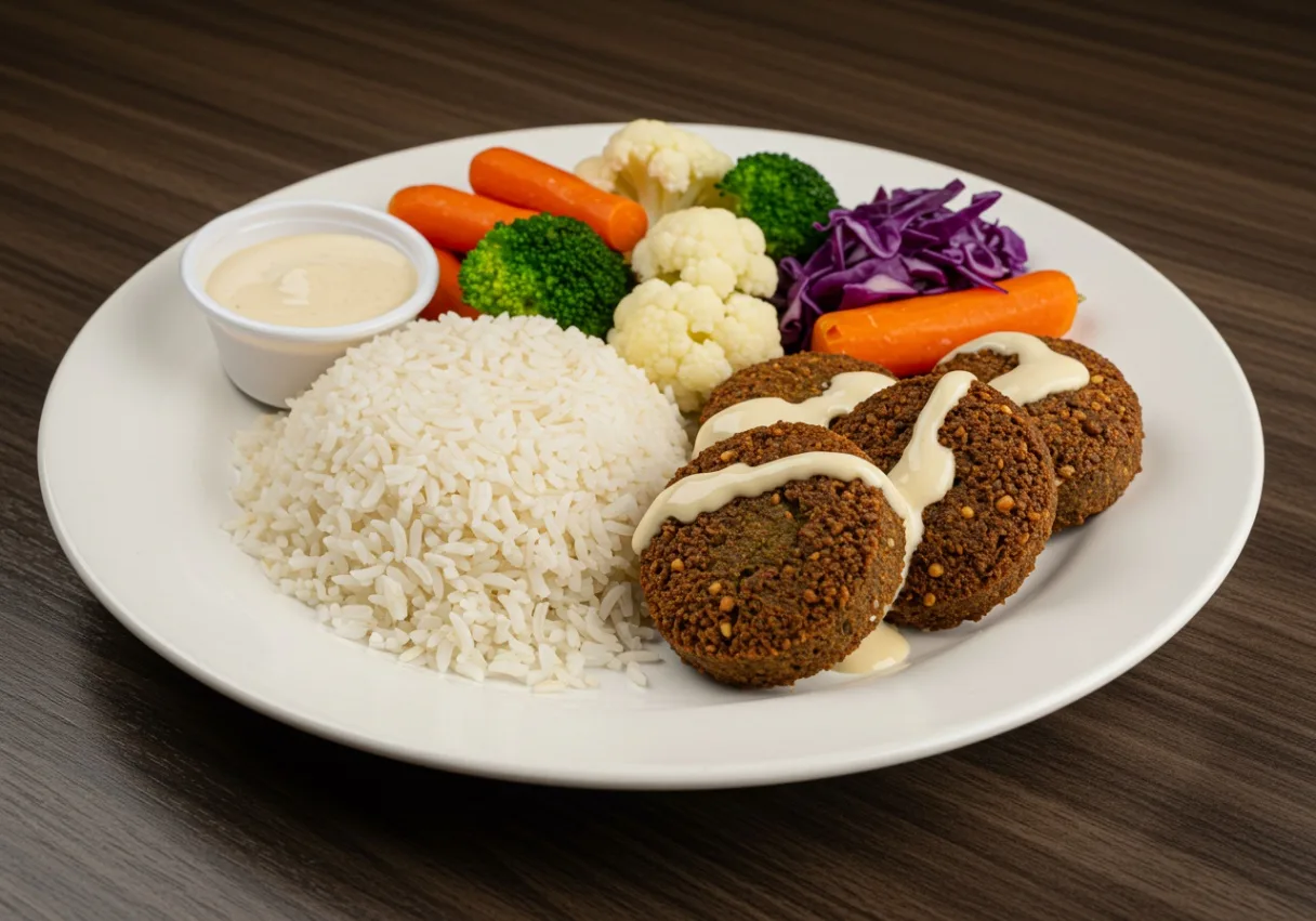 Falafel with Tahini Sauce, Basmati Rice and Persian Veggies