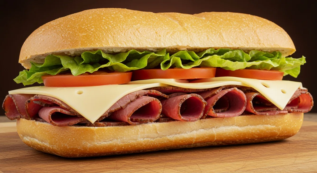 Pastrami and Gouda on a Hero.