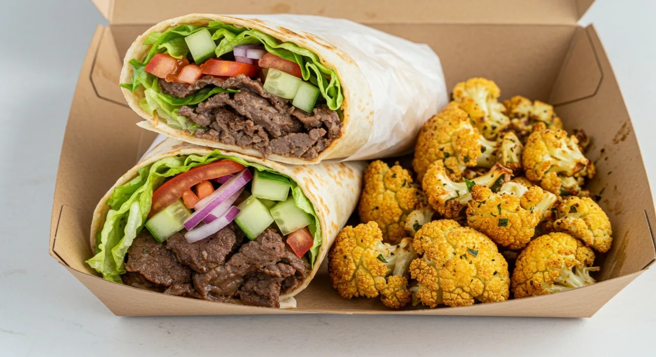 Beef Kebab Wrap and Roasted Cauliflower