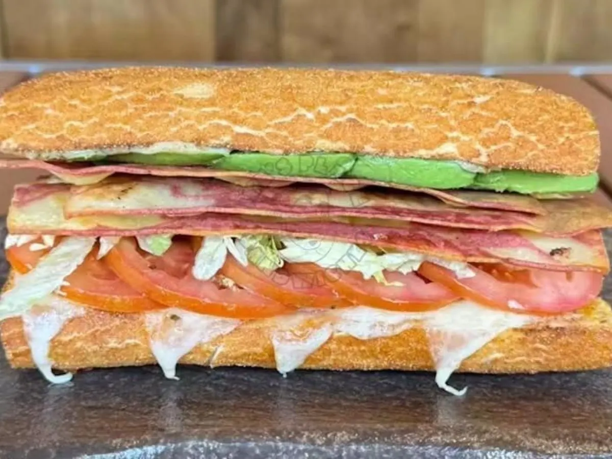 Purple Bee Sandwich on Dutch Crunch With Fruit Salad