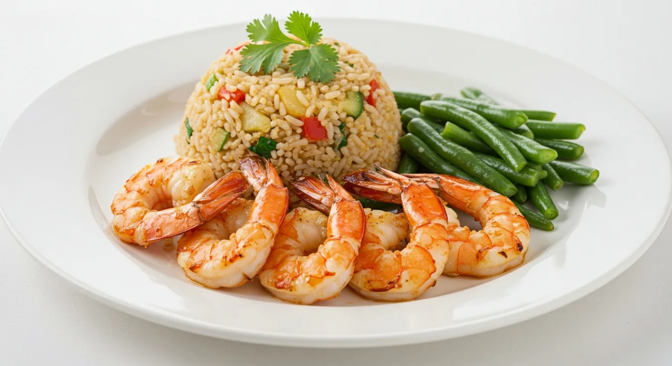 Grilled Shrimp With Thai Fried Rice, and Sauteed Green Beans