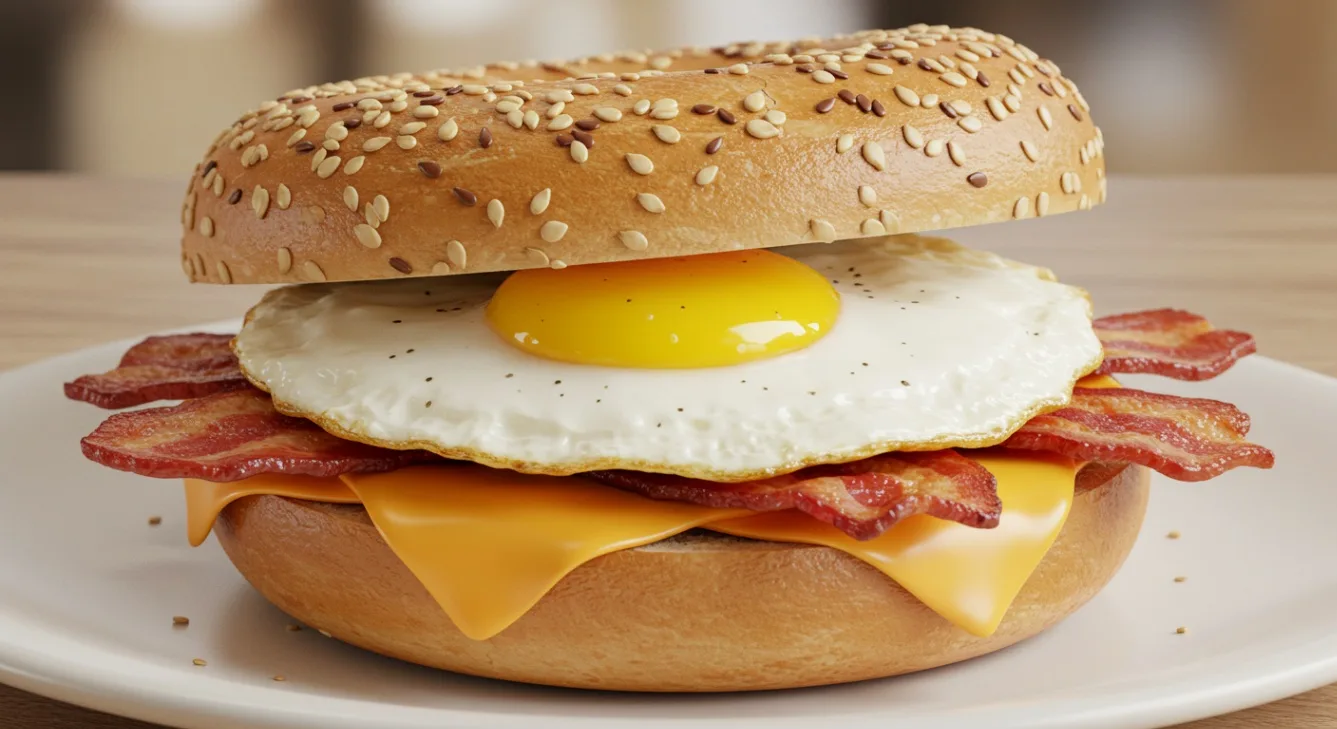 Egg Sandwich with Bacon on an Everything Bagel