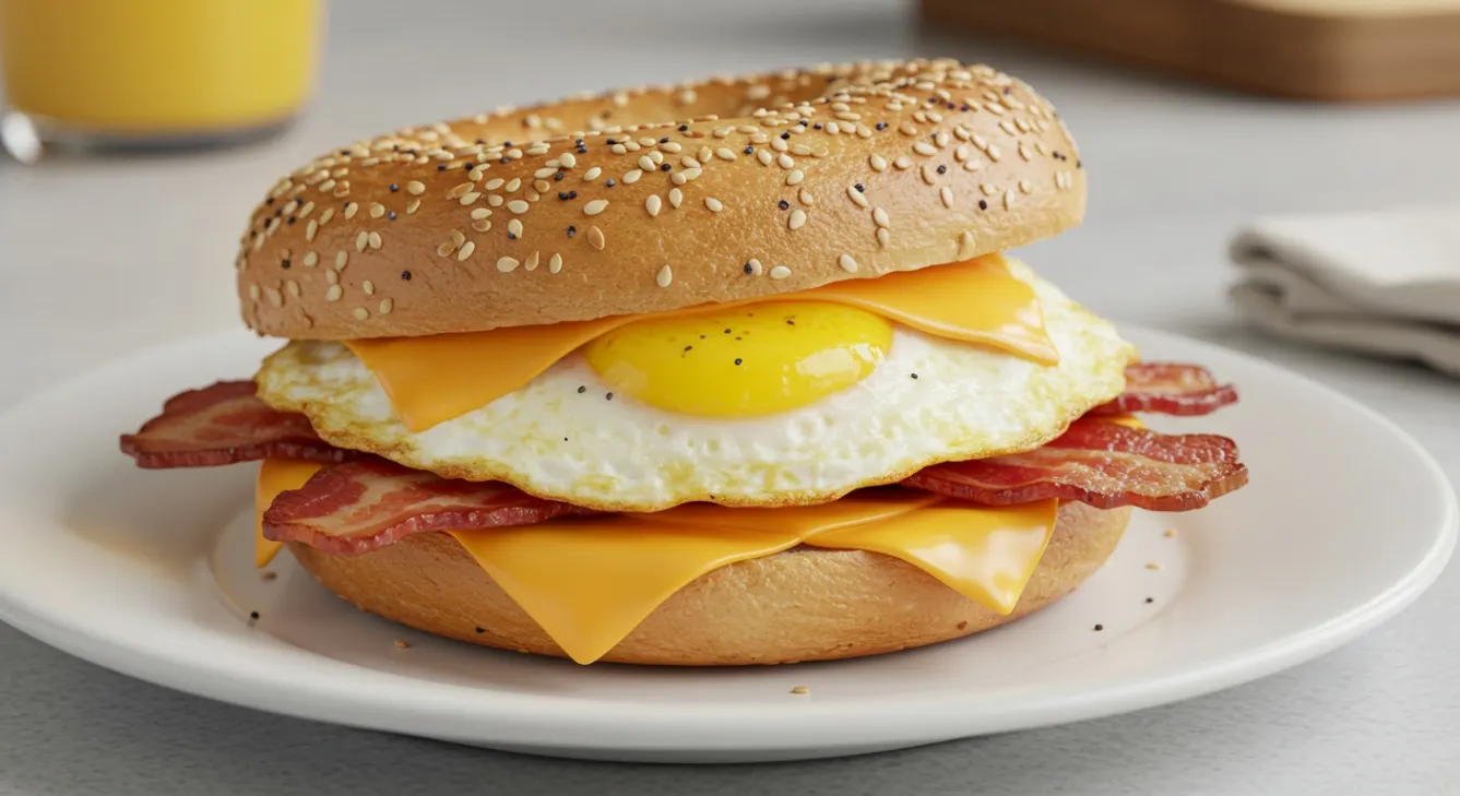Egg Sandwich with Turkey Bacon on an Everything Bagel