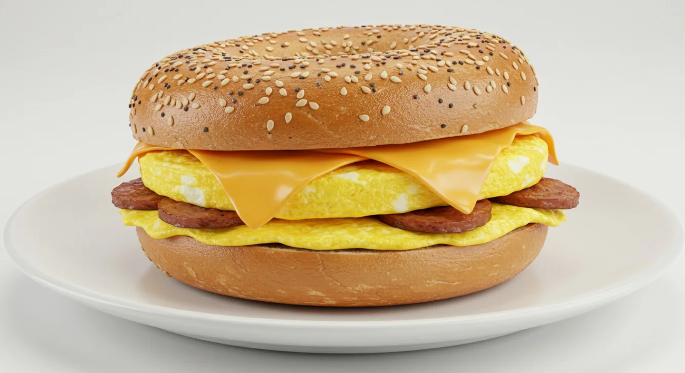 Egg Sandwich with Sausage on an Everything Bagel