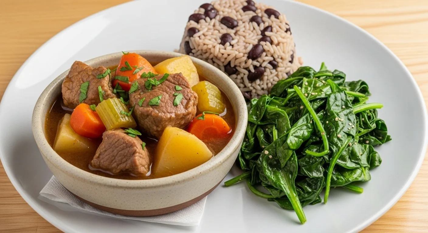 Pork Stew with Brown Rice and Black Beans and Sautéed Spinach