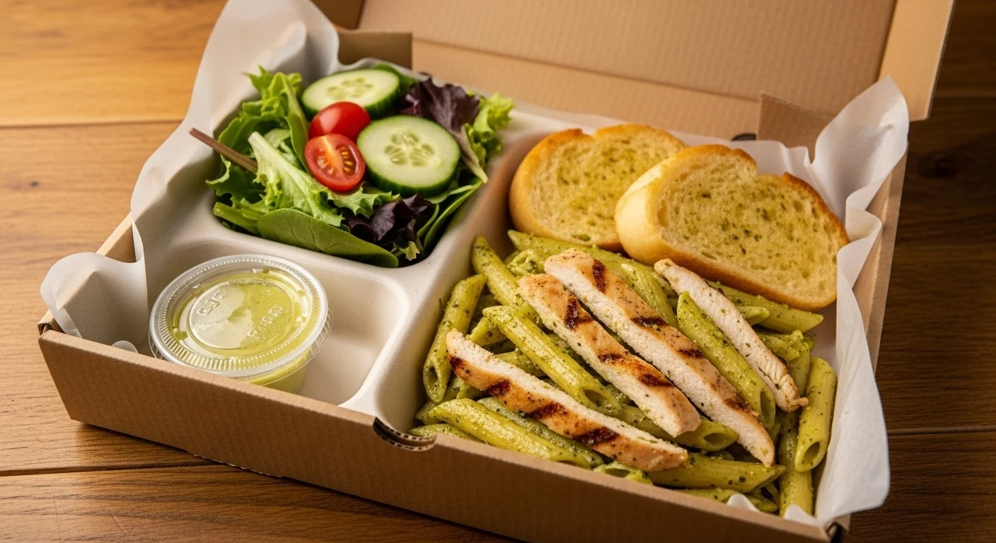 Penne Pesto With Grilled Chicken with a House Salad and Garlic Bread