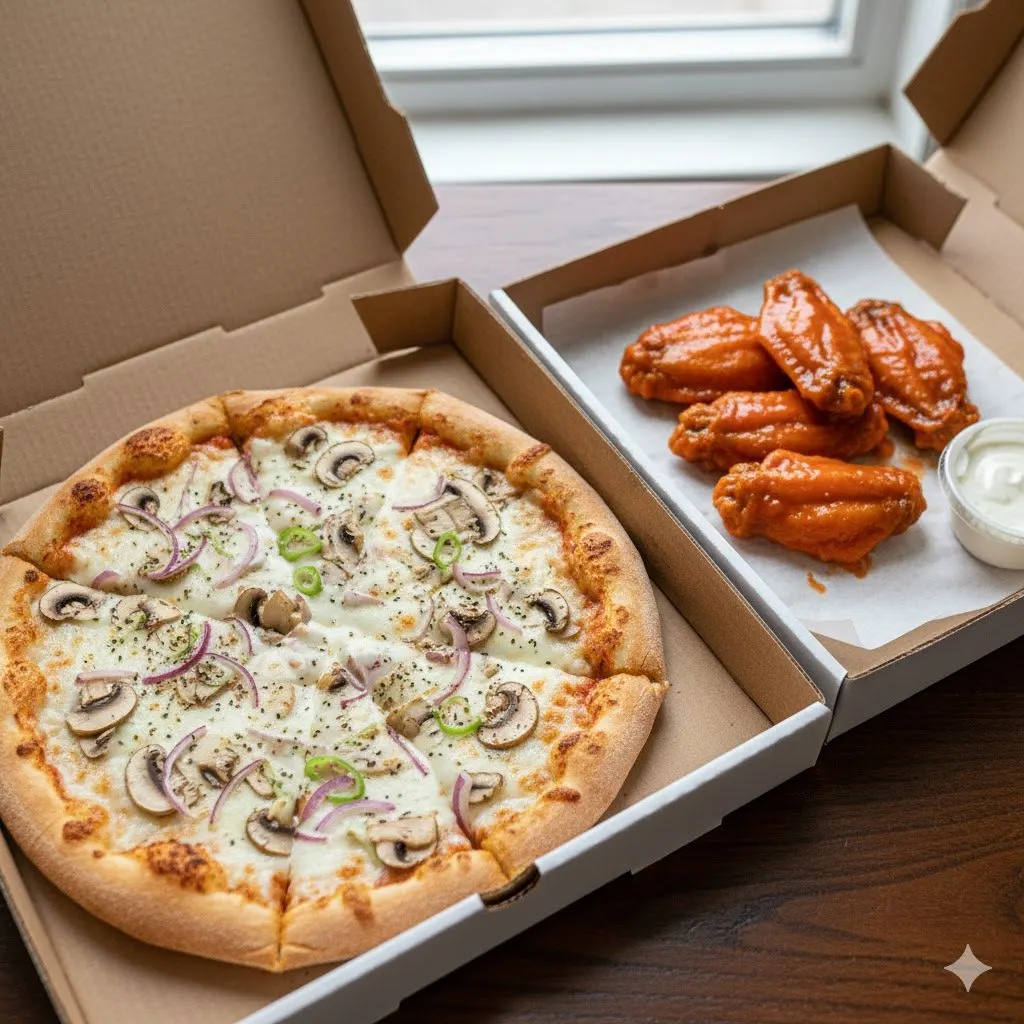 Personal Veggie Gourmet Pizza (No Tomatoes) and Boneless Mild Buffalo Wings