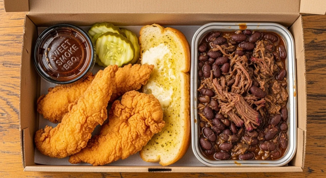 Chicken Tenders with Brisket Beans, Garlic Bread