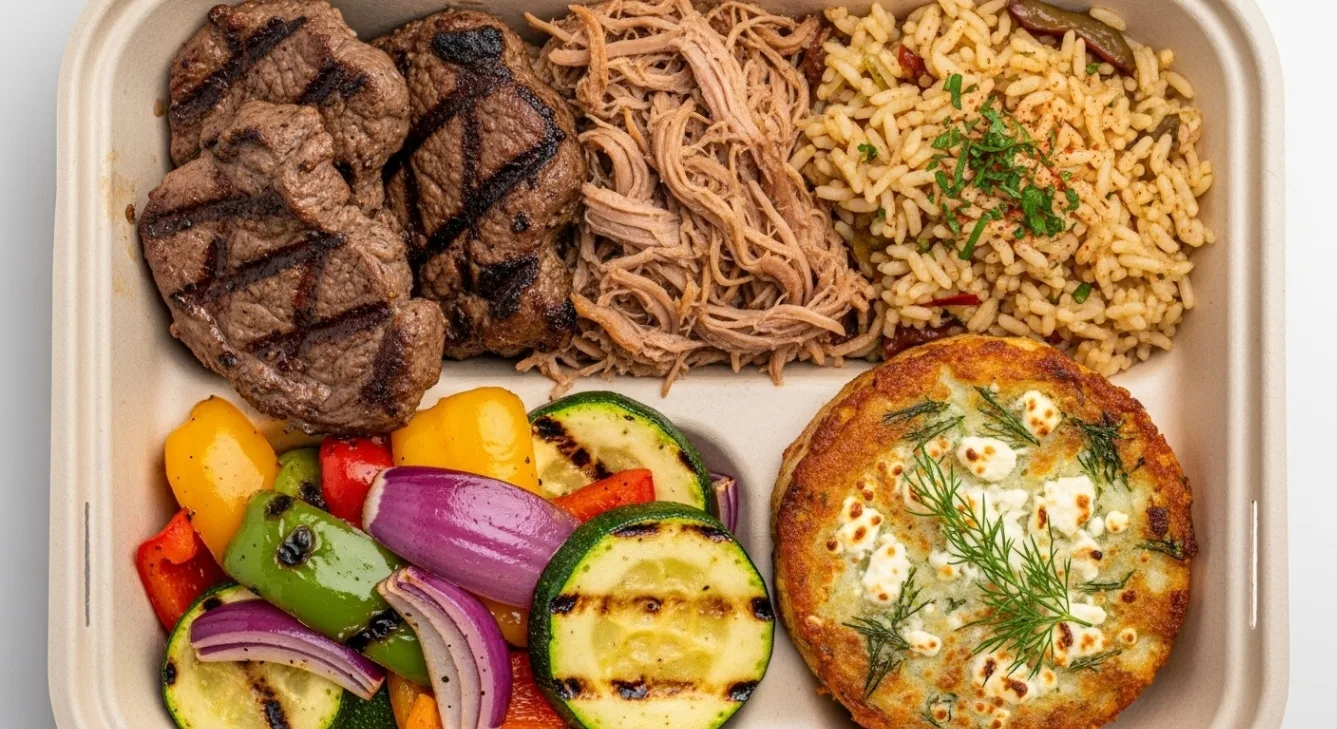 Grilled Lamb & Pulled Pork, Rice, Grilled Vegetables, & Potato Cake, Feta & Dill