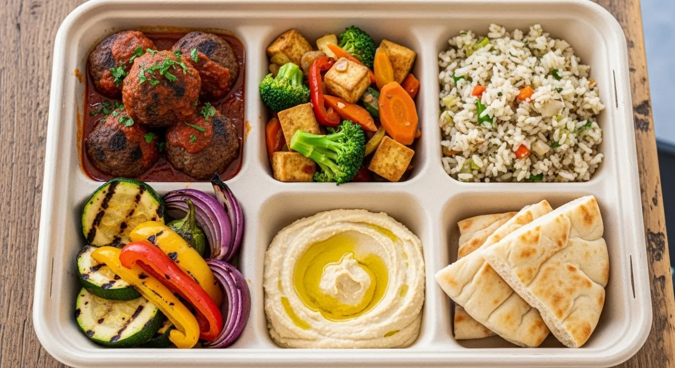 Vegan Grilled Meatball Stew & Tofu Stir Fry, Rice, Vegetable, Hummus, Pita