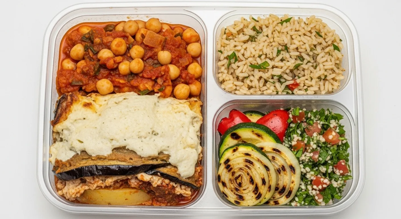 Vegetarian Moussaka & Garbanzo Bean Stew, Rice, Grilled Veg & Tabouli