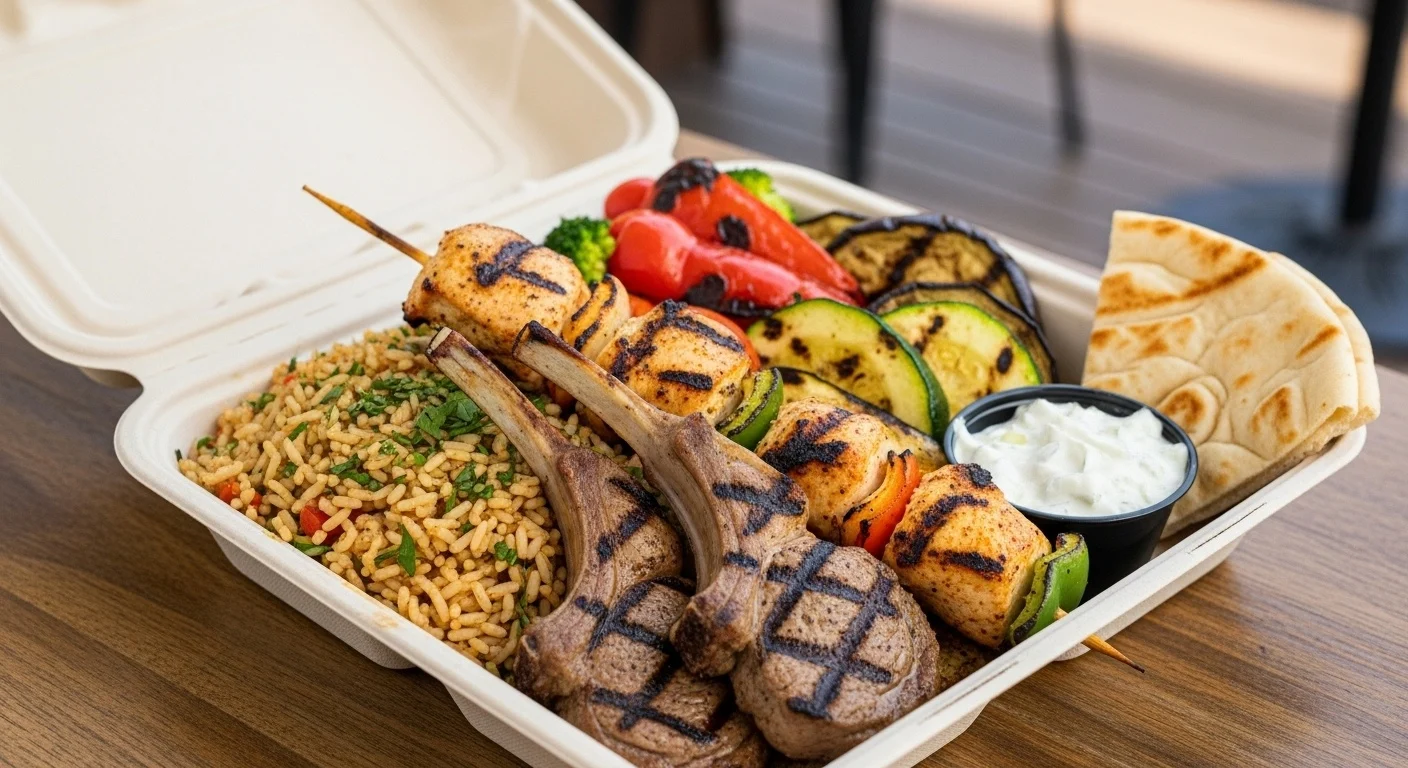 Grilled Lamb Chops & Chicken Skewers w/ Rice, Grilled Vegetables & Pita with Dip