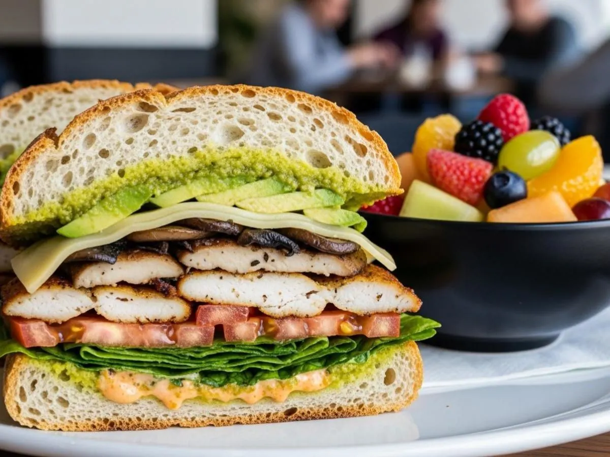 Spiffy Tiffy Sandwich on Dutch Crunch With Fruit Salad