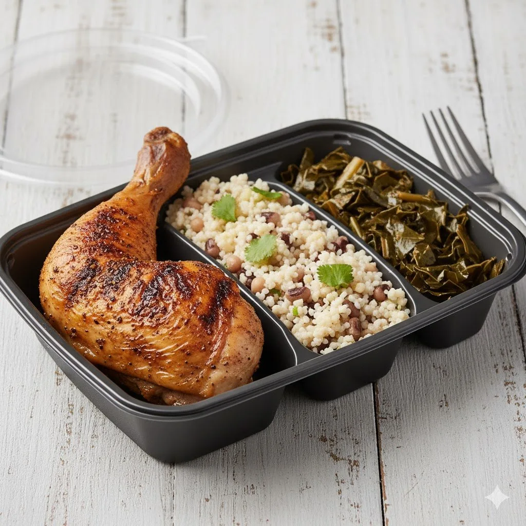 Dry Rubbed Chicken W/ Cauliflower Rice & Black Eyed Peas, Collard Greens