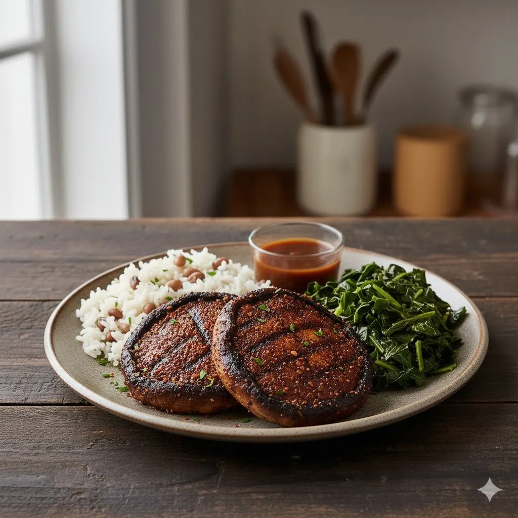 Dry Rubbed Mushroom Steaks W/ Cauliflower Rice & Black Eyed Peas, Collard Greens