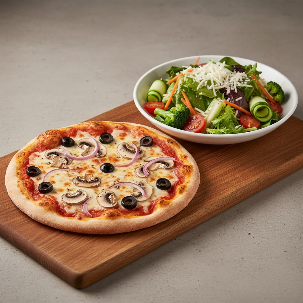 Small Olive Onion Mushroom Pizza and House Salad Small Olive Onion Mushroom Pizza and House Salad