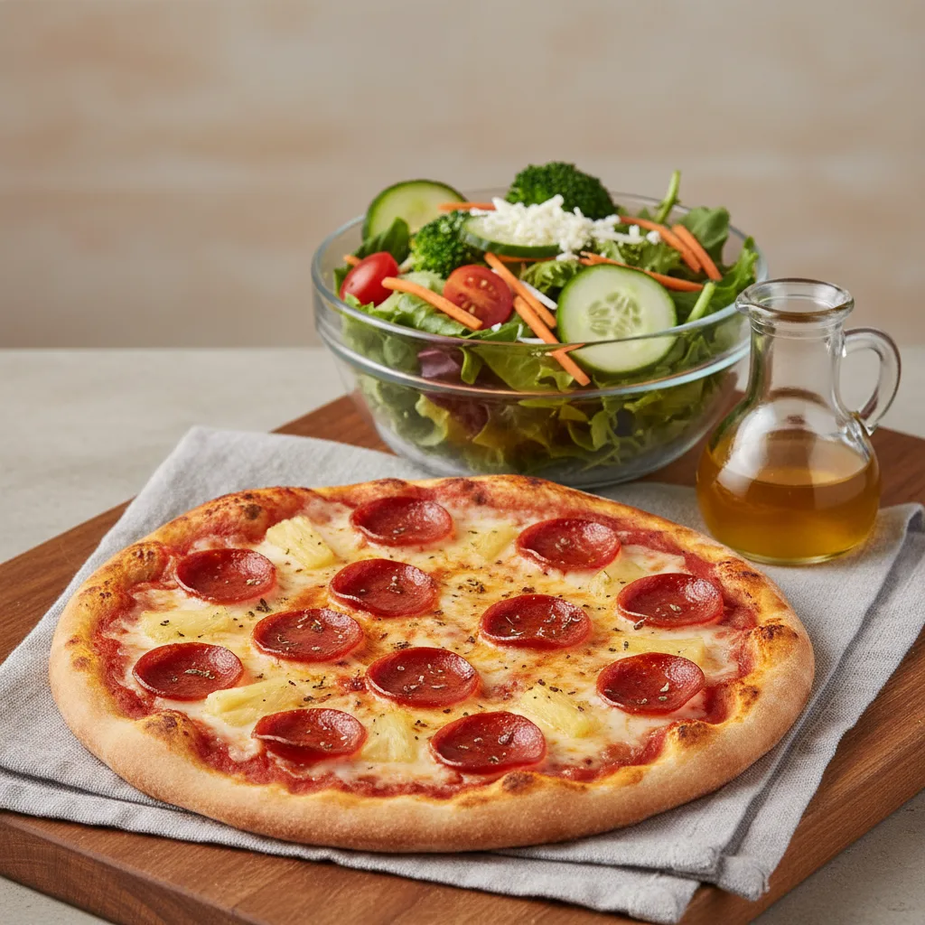 Small Pepperoni Pineapple Pizza and House Salad Small Pepperoni Pineapple Pizza and House Salad