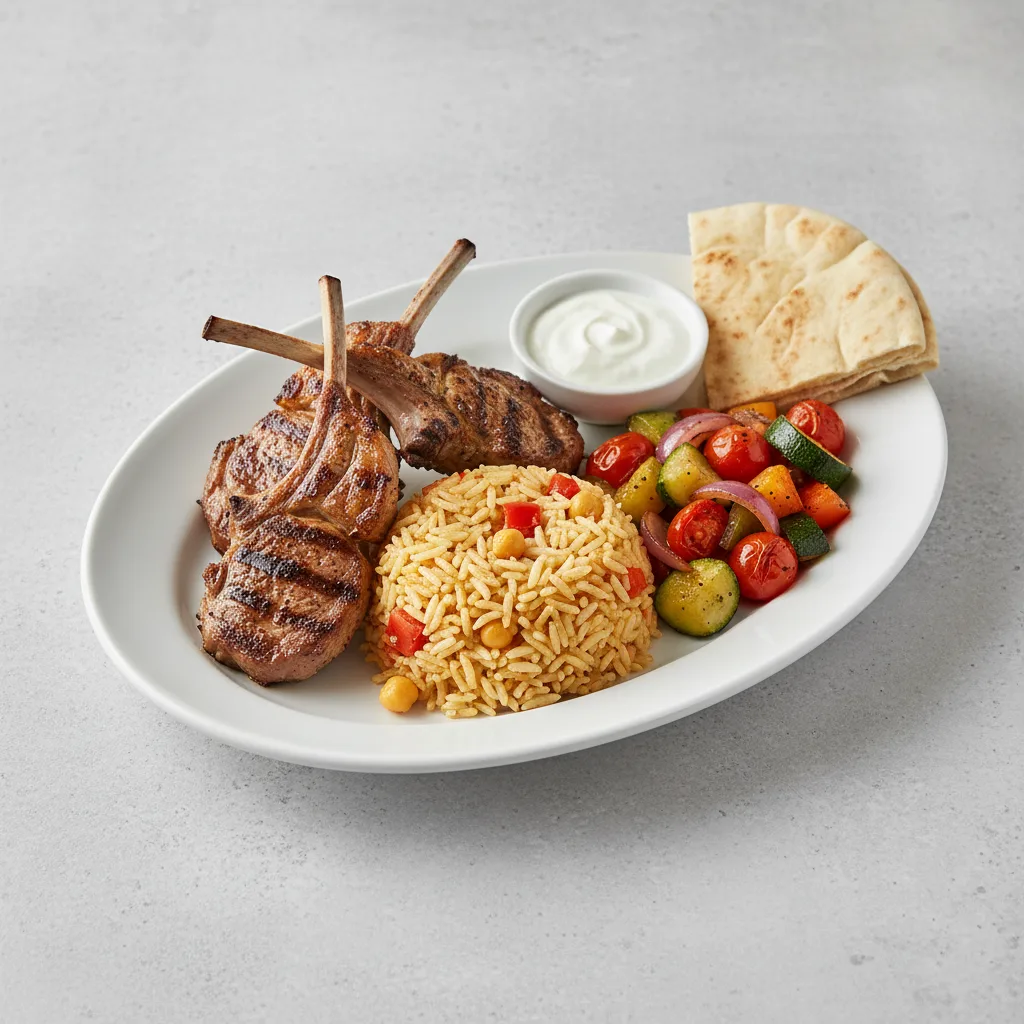 Lamb Chops, Grilled Chicken Skewer, Mediterranean Rice, Veggie, Yogurt Dip ,Pita Lamb Chops, Grilled Chicken Skewer, Mediterranean Rice, Veggie, Yogurt Dip ,Pita