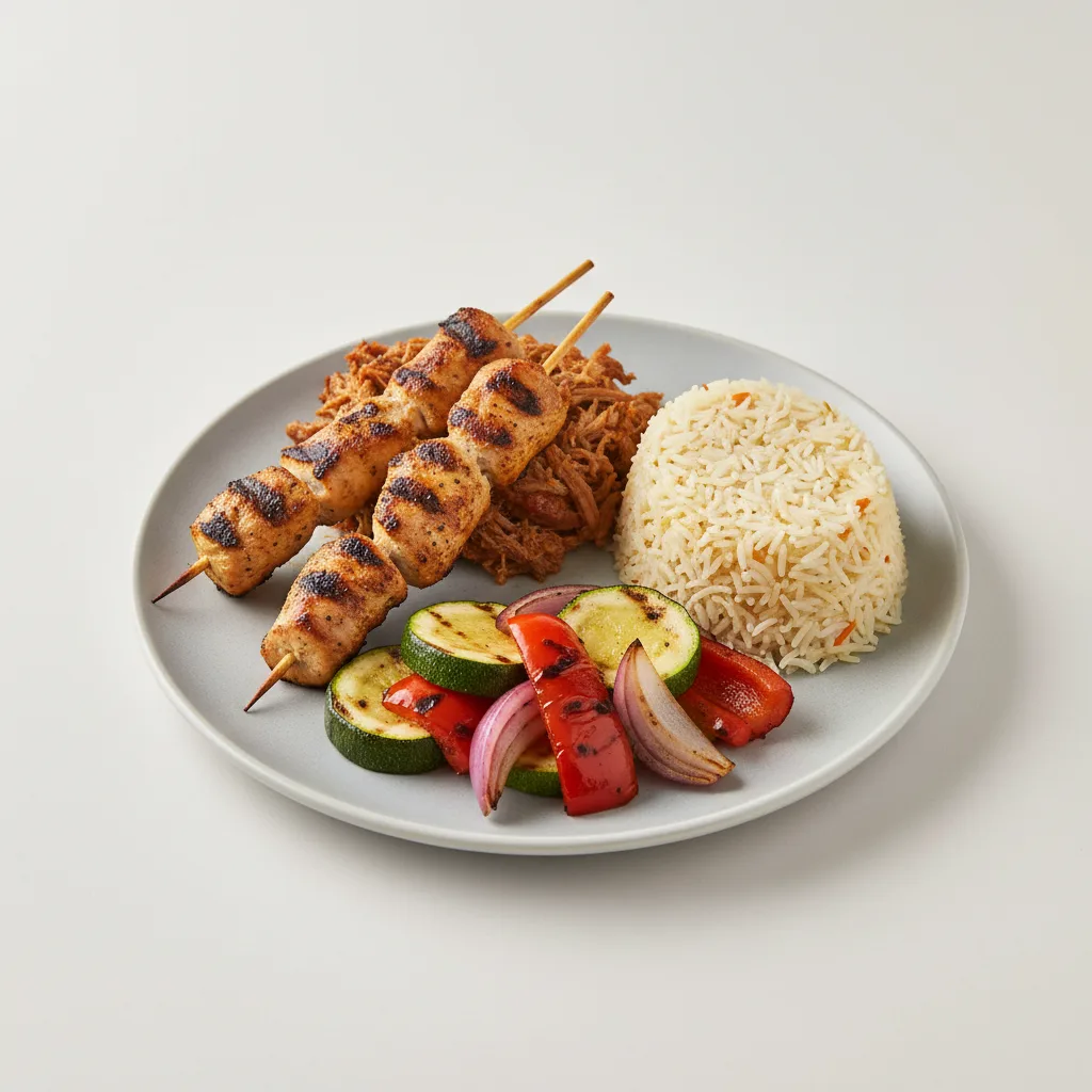 Grilled Chicken Skewers & Pulled Pork with Seasoned Rice, Grilled Vegetables Grilled Chicken Skewers & Pulled Pork with Seasoned Rice, Grilled Vegetables
