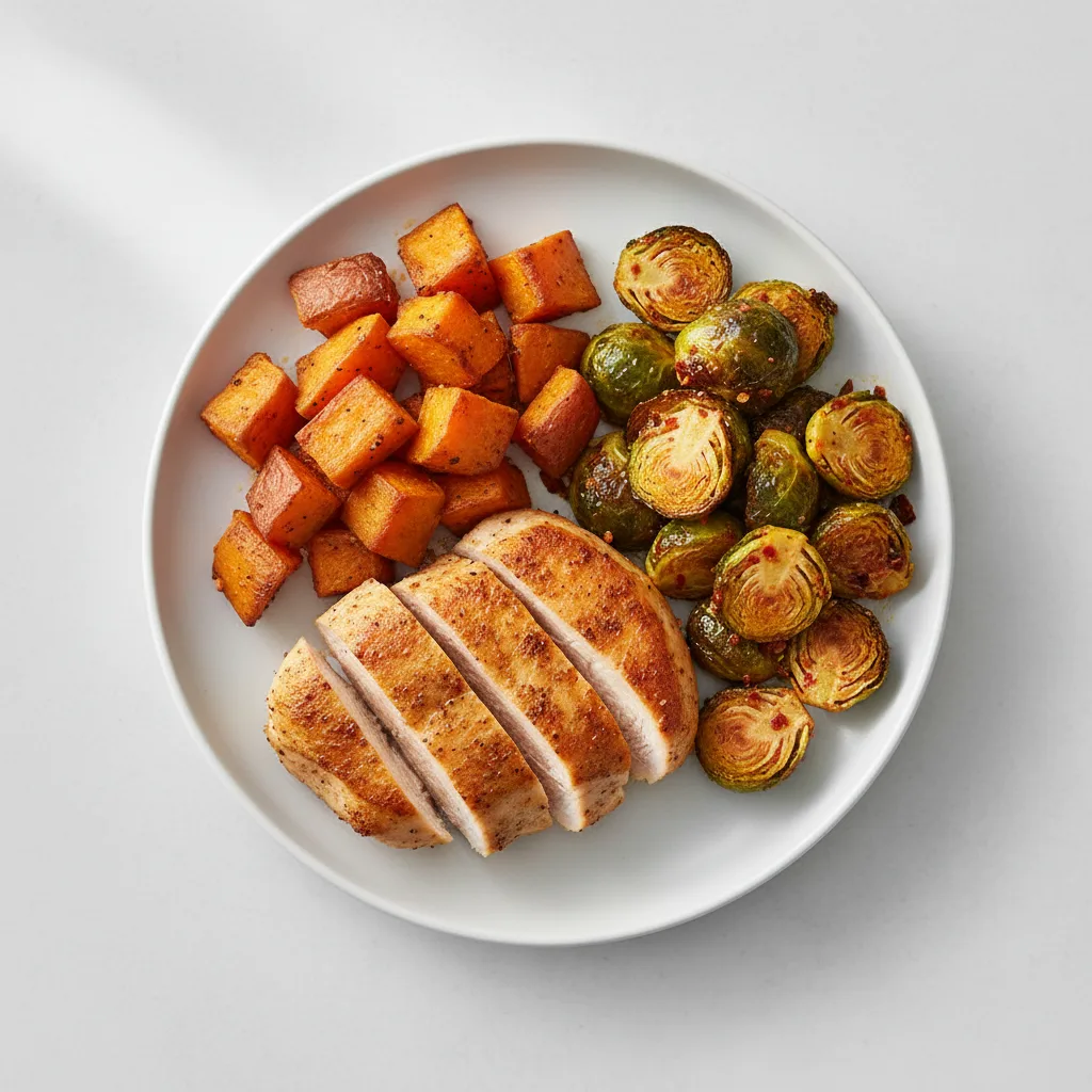 Provencal Style Chicken Served with Roasted Sweet Potato & Chili Crisp Brussels Sprouts Provencal Style Chicken Served with Roasted Sweet Potato & Chili Crisp Brussels Sprouts