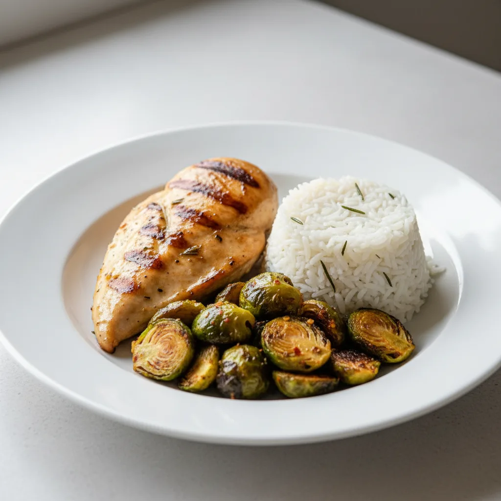 Lemon Herb Grilled Chicken Served with Rosemary Jasmine Rice & Chili Crisp Brussels Sprouts Lemon Herb Grilled Chicken Served with Rosemary Jasmine Rice & Chili Crisp Brussels Sprouts