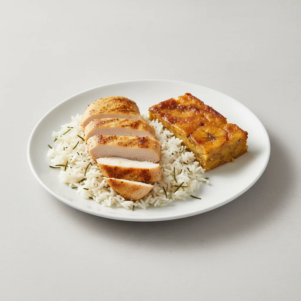 Lemon Herb Grilled Chicken Served with Rosemary Jasmine Rice & Sweet Plantain Casserole Lemon Herb Grilled Chicken Served with Rosemary Jasmine Rice & Sweet Plantain Casserole
