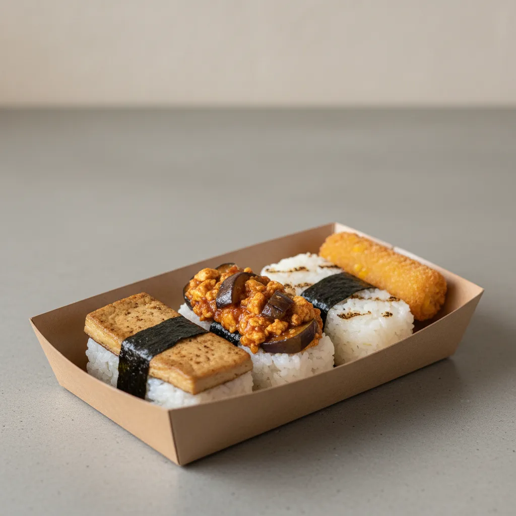 Miso Tofu Musubi, Mapo Tofu Eggplant Musubi with Corn Croquette Miso Tofu Musubi, Mapo Tofu Eggplant Musubi with Corn Croquette