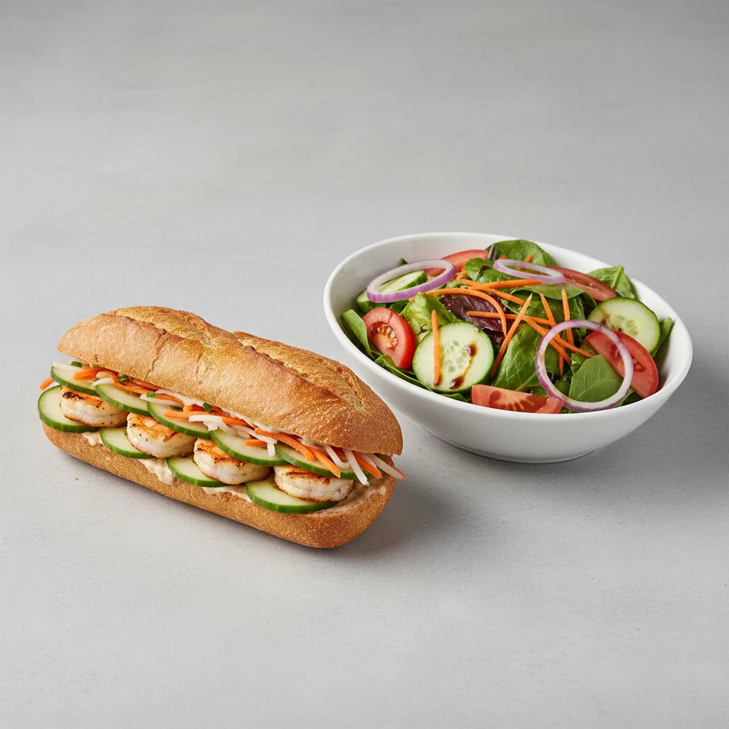 Gluten Free Half Shrimp Banh Mi Sandwich with a Garden Salad