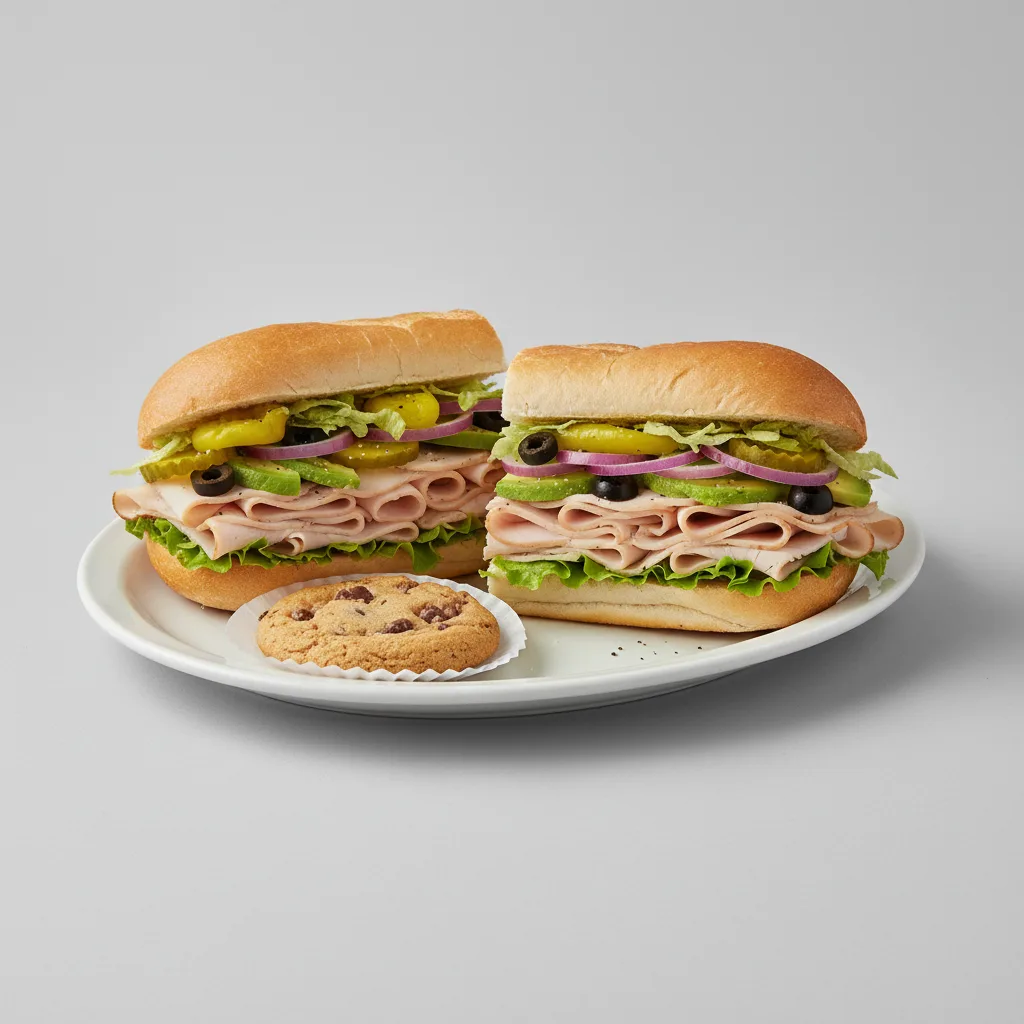 Turkey and Avocado Sub on White Bread and a Chocolate Chip Cookie (No Tomatoes) Turkey and Avocado Sub on White Bread and a Chocolate Chip Cookie (No Tomatoes)