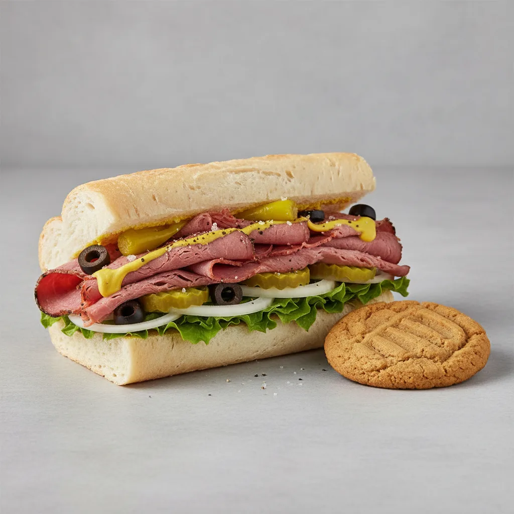 Hot Pastrami Sub on White Bread and a Peanut Butter Cookie (No Tomatoes) Hot Pastrami Sub on White Bread and a Peanut Butter Cookie (No Tomatoes)