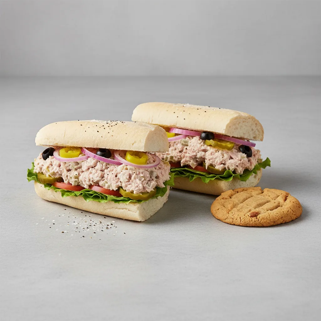Albacore Tuna Sub on White Bread and a Peanut Butter Cookie (No Tomatoes) Albacore Tuna Sub on White Bread and a Peanut Butter Cookie (No Tomatoes)