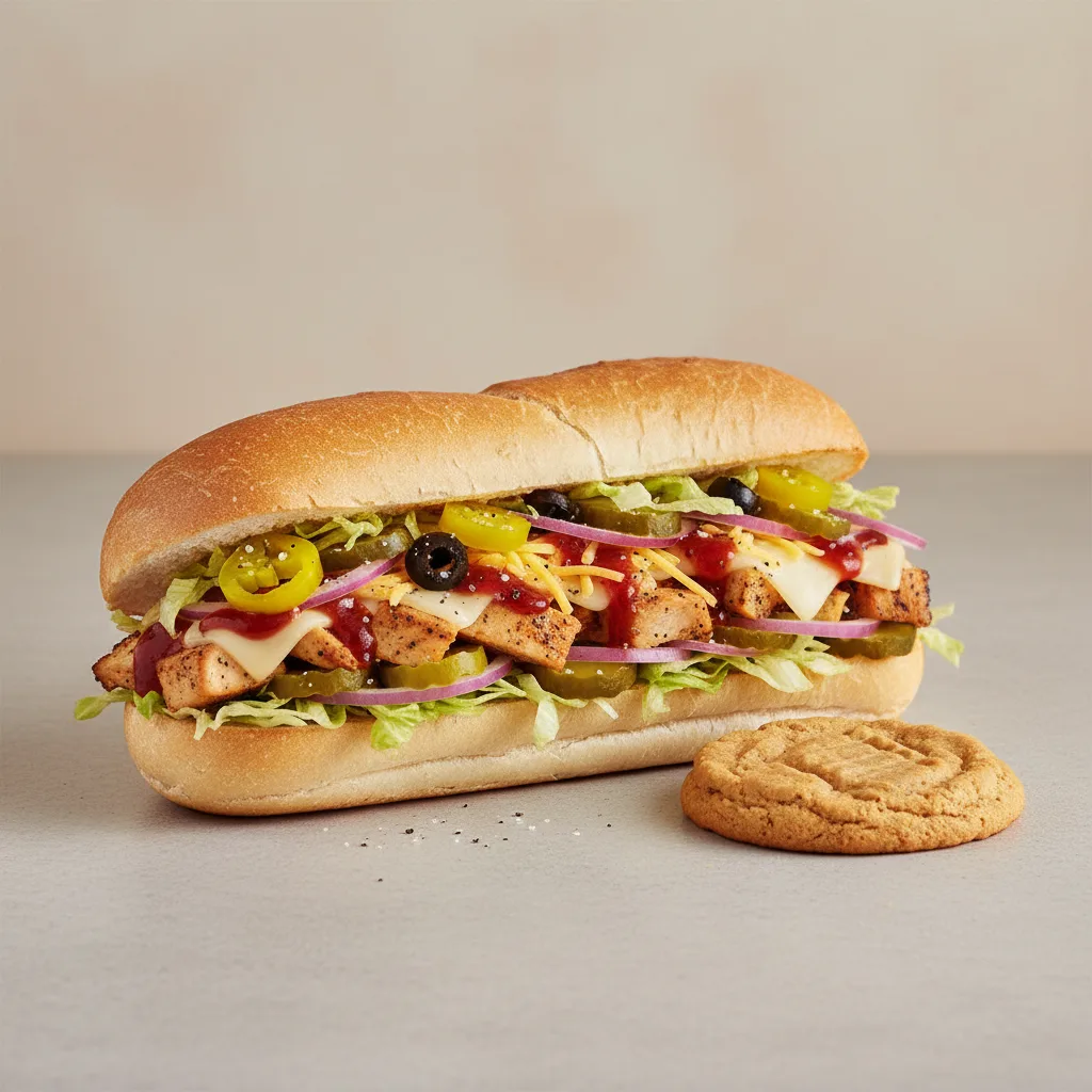 BBQ Chipotle Chicken Sub on White Bread & a Peanut Butter Cookie (No Tomatoes) BBQ Chipotle Chicken Sub on White Bread & a Peanut Butter Cookie (No Tomatoes)