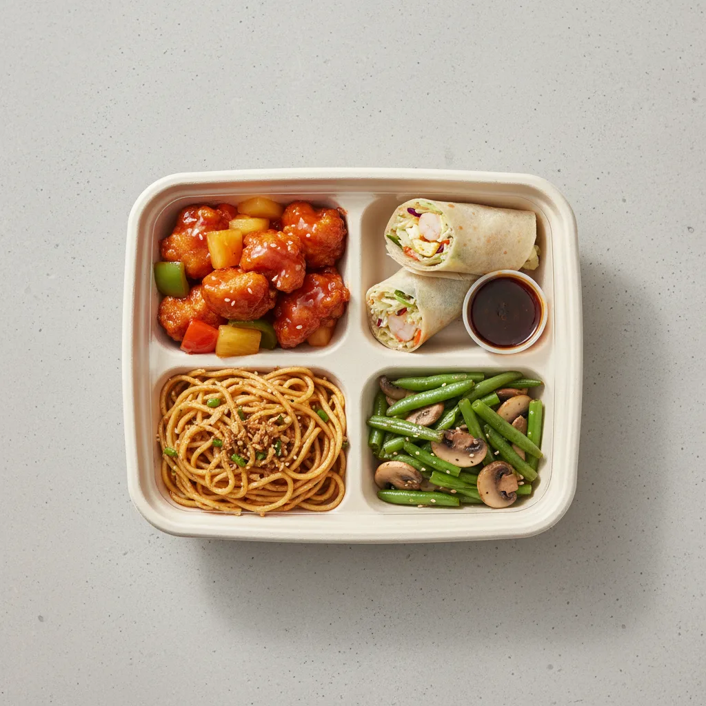 Sweet & Sour Chicken, MuShu Prawns , Garlic Noodles, Green Beans & Mushrooms Sweet & Sour Chicken, MuShu Prawns , Garlic Noodles, Green Beans & Mushrooms